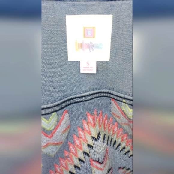 LuLaRoe "Jaxson" Style Embroidered Aztec Denim Jacket Size Small (6-8) - Picture 6 of 9